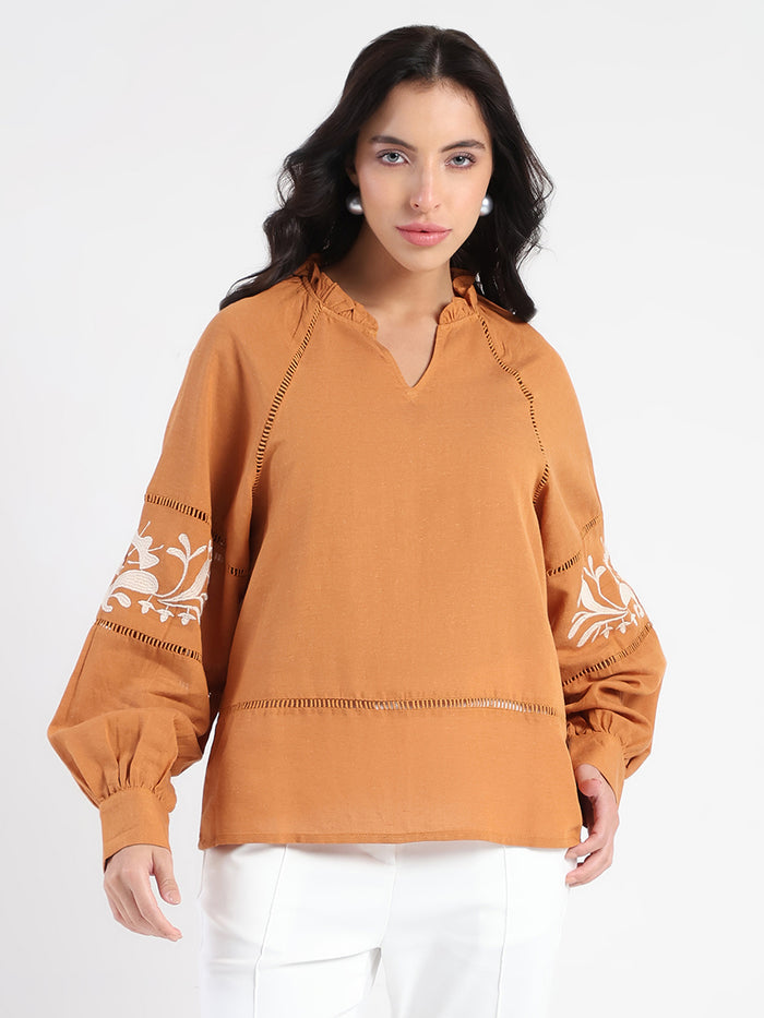 Madame Smocked Lace Detailed Tan Brown Top