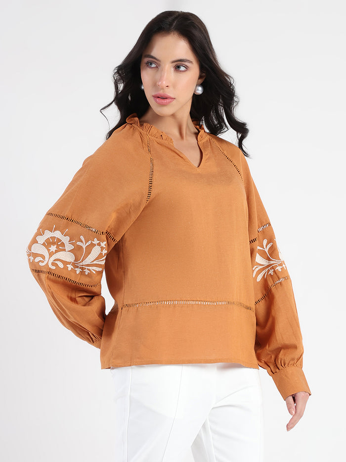Madame Smocked Lace Detailed Tan Brown Top