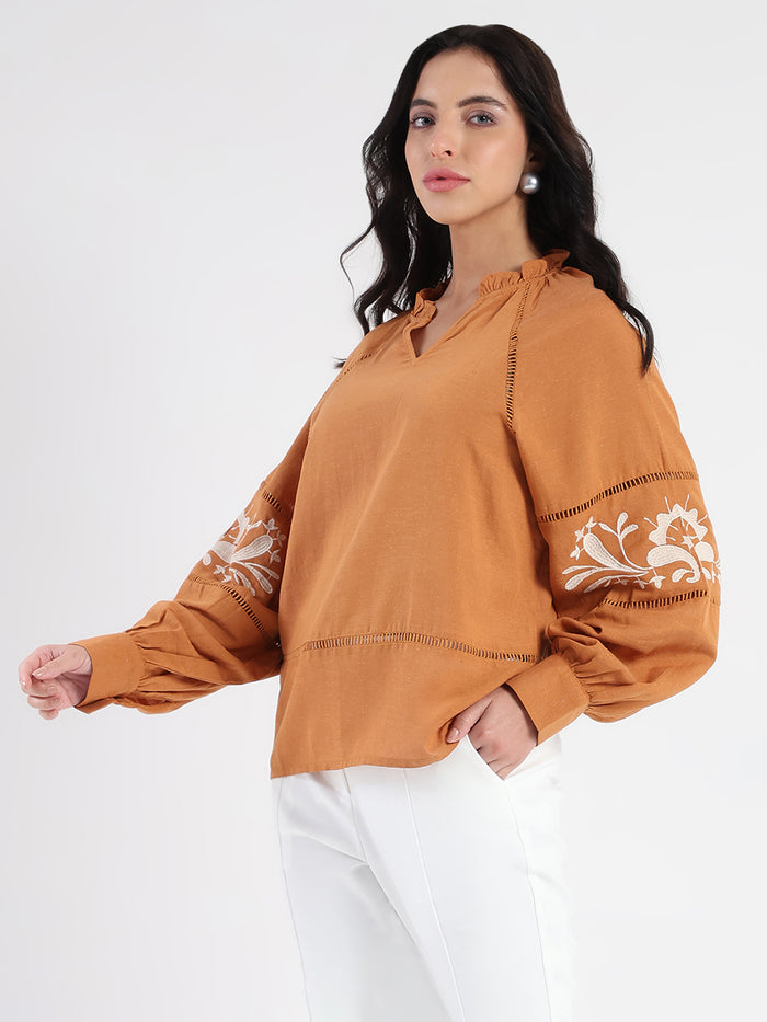 Madame Smocked Lace Detailed Tan Brown Top