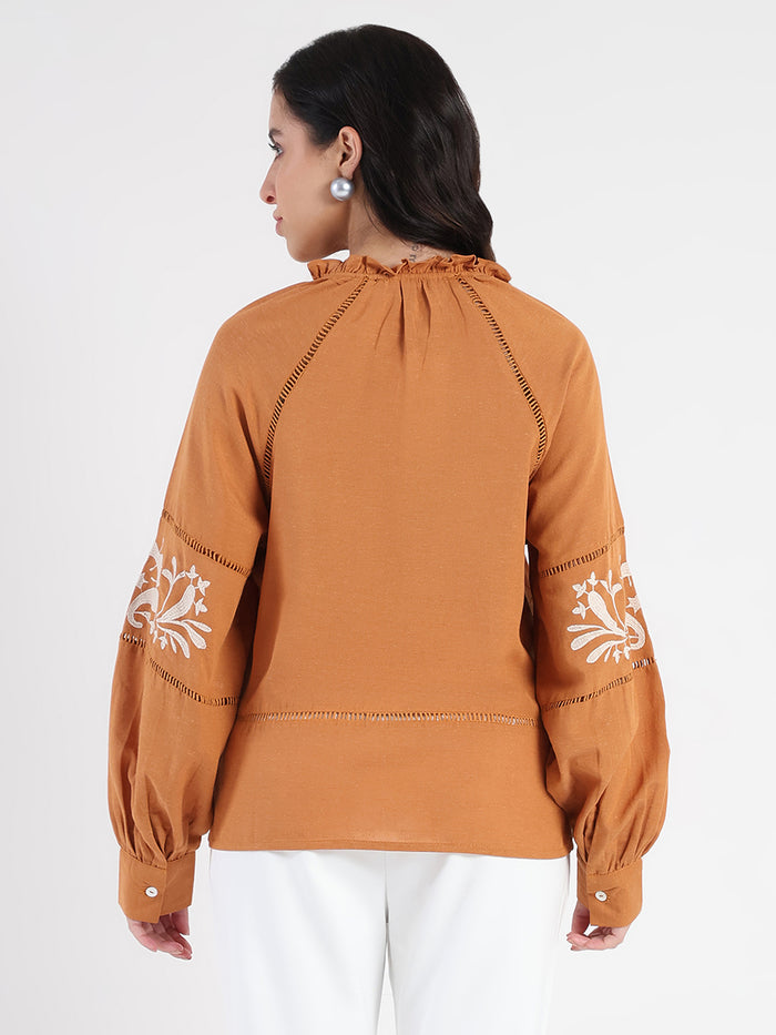 Madame Smocked Lace Detailed Tan Brown Top