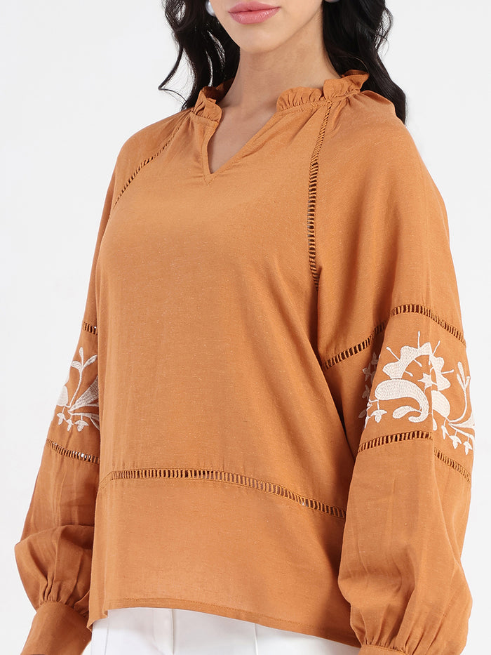 Madame Smocked Lace Detailed Tan Brown Top