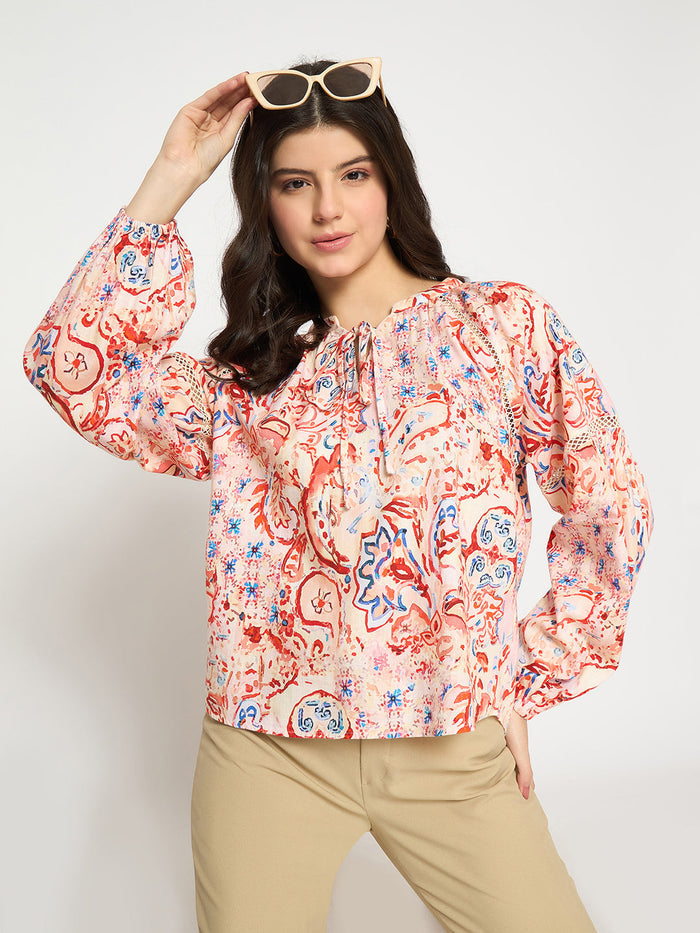 Madame Smocking Detailed Printed Red Cotton Top