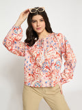 Madame Smocking Detailed Printed Red Cotton Top