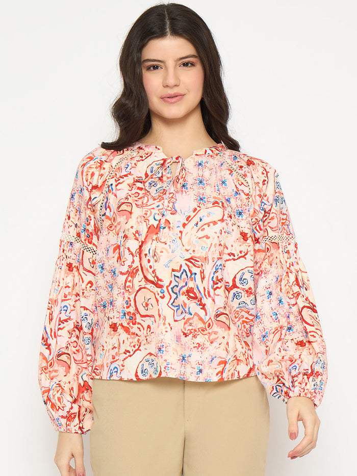 Madame Smocking Detailed Printed Red Cotton Top
