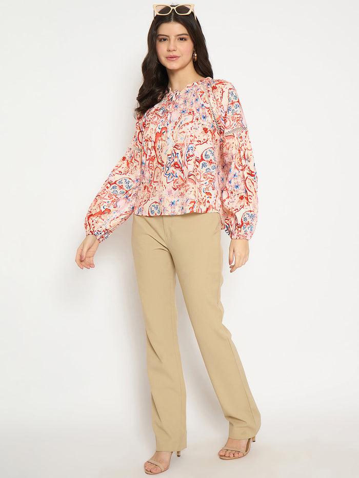 Madame Smocking Detailed Printed Red Cotton Top