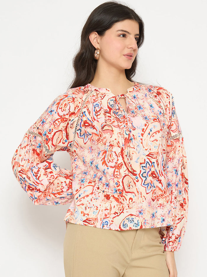 Madame Smocking Detailed Printed Red Cotton Top