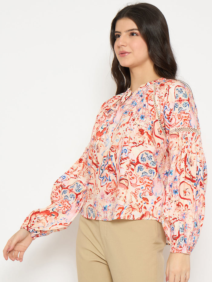 Madame Smocking Detailed Printed Red Cotton Top
