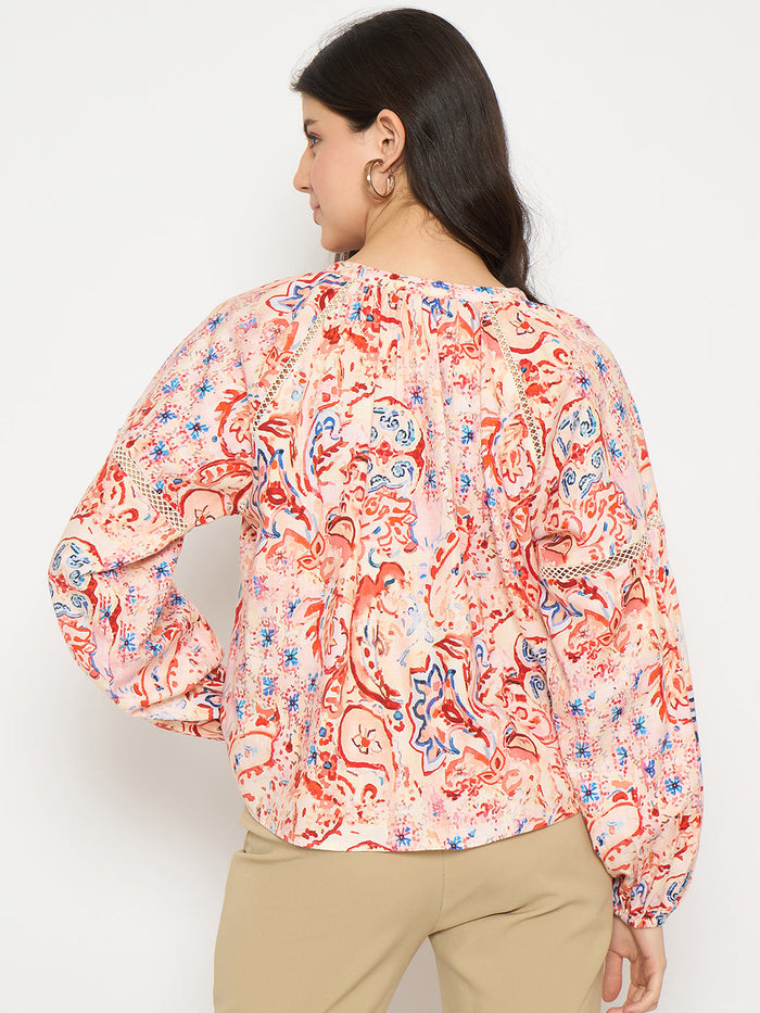 Madame Smocking Detailed Printed Red Cotton Top