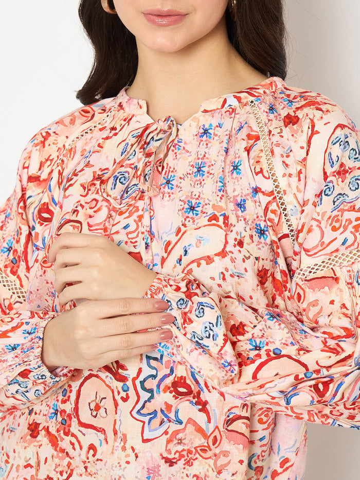 Madame Smocking Detailed Printed Red Cotton Top