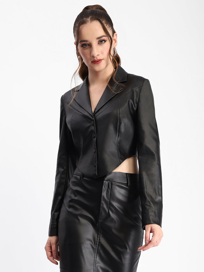 Madame Solid Black Buttoned Faux Leather Crop Top