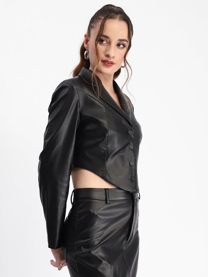 Madame Solid Black Buttoned Faux Leather Crop Top