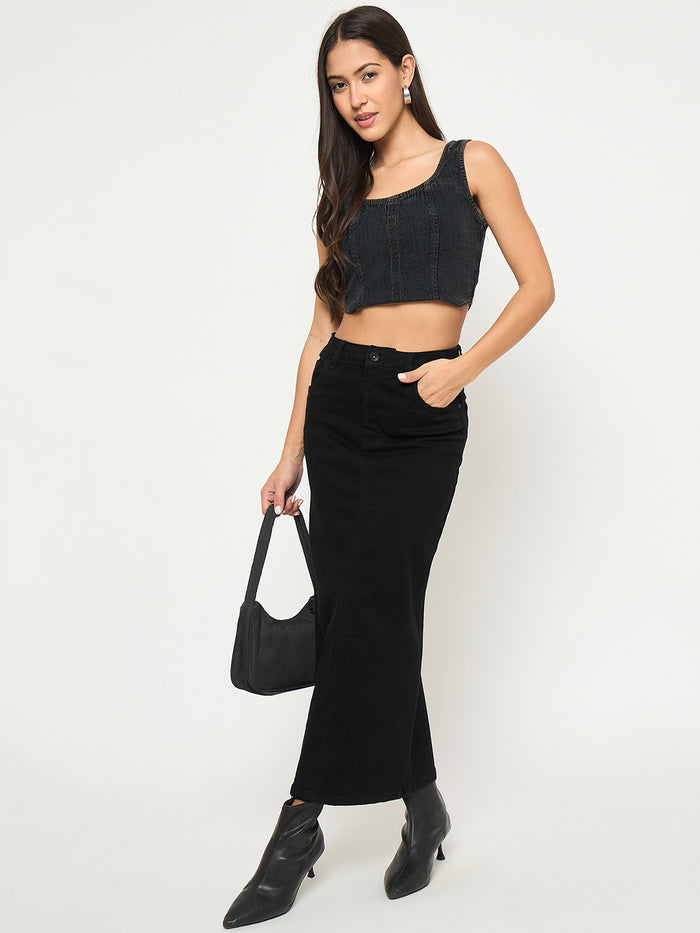 Madame Solid Jet Black Cotton Blend Maxi Denim Skirt