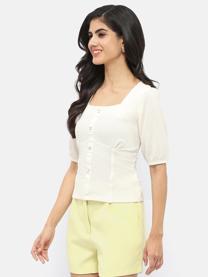 Madame Square Neck Off-White Crinkled Top