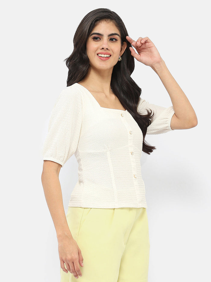 Madame Square Neck Off-White Crinkled Top