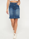 Madame Stone Wash Mid Blue Cotton Blend Mini Denim Skirt