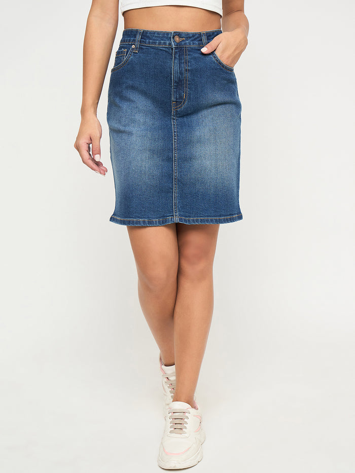 Madame Stone Wash Mid Blue Cotton Blend Mini Denim Skirt