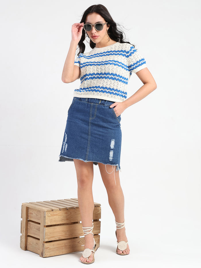Madame Striped Crocheted Beige Cotton Crop Top