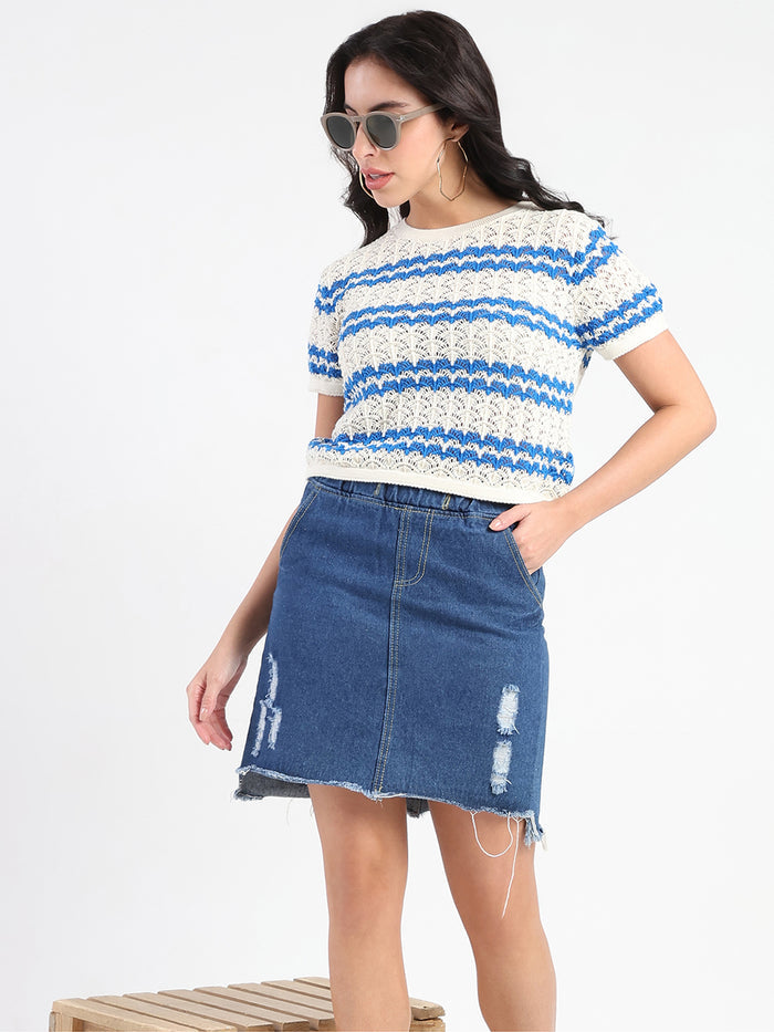 Madame Striped Crocheted Beige Cotton Crop Top