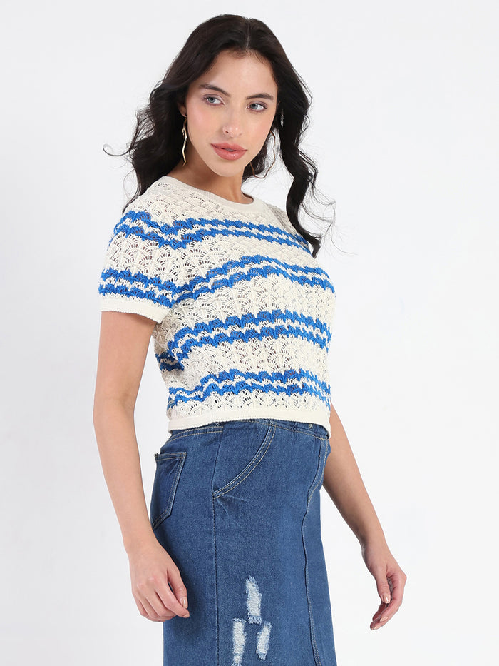 Madame Striped Crocheted Beige Cotton Crop Top