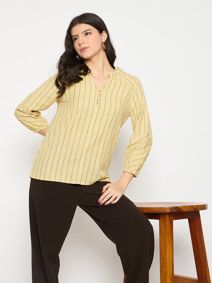 Madame Striped Split Crew Mustard Yellow Top
