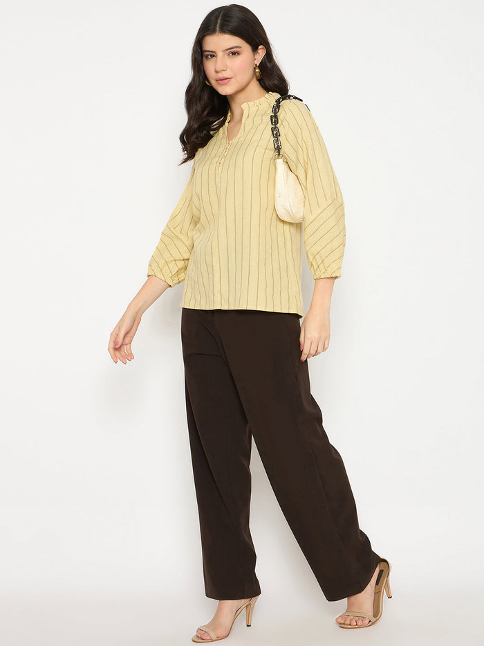 Madame Striped Split Crew Mustard Yellow Top