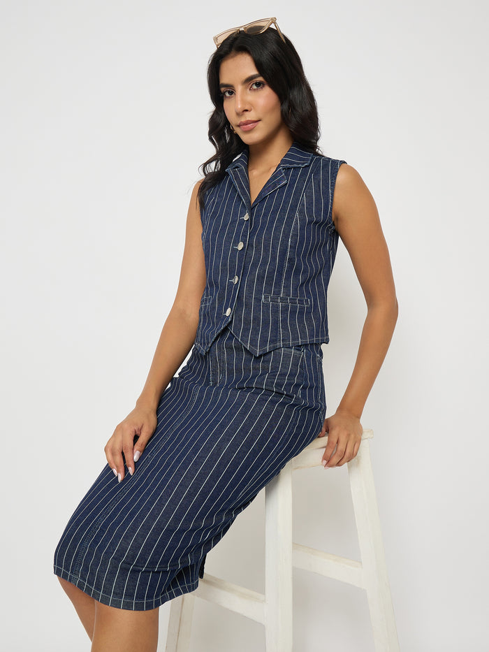 Madame Striped Top and Skirt Mid-Blue Co-ord Set