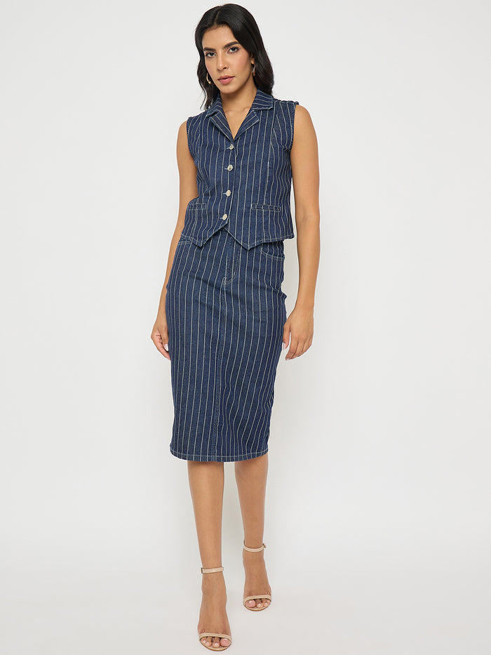 Madame Striped Top and Skirt Mid-Blue Co-ord Set