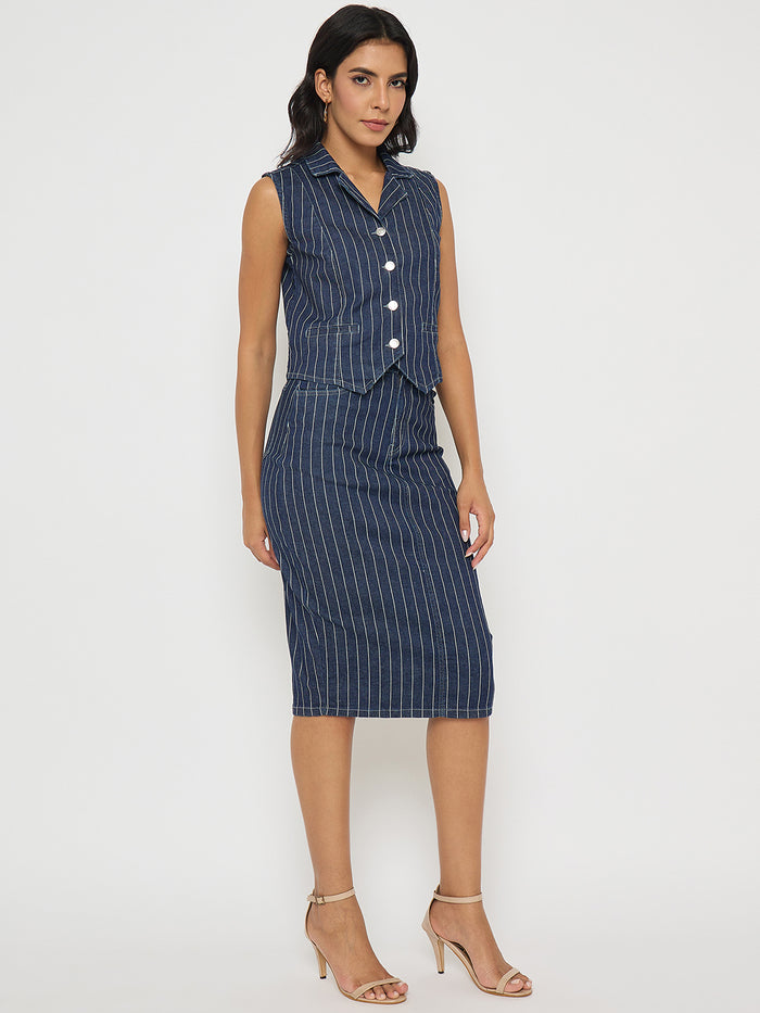 Madame Striped Top and Skirt Mid-Blue Co-ord Set