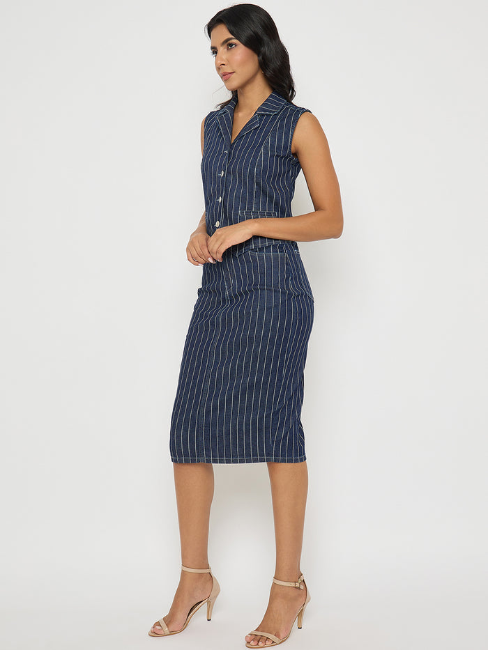 Madame Striped Top and Skirt Mid-Blue Co-ord Set