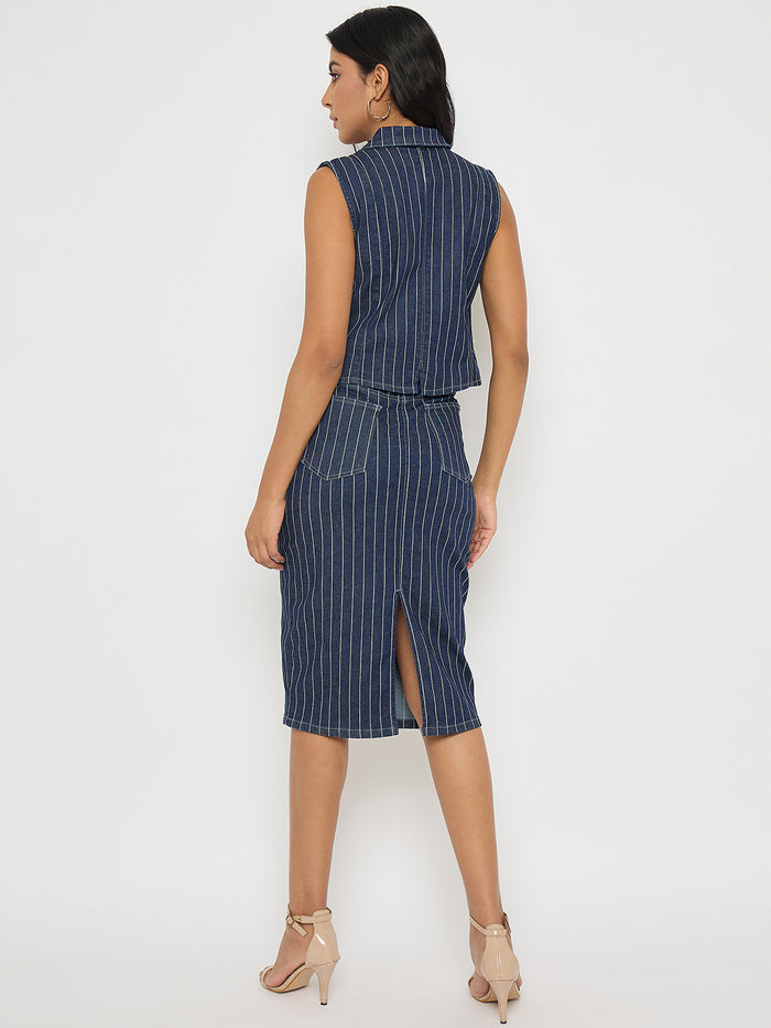 Madame Striped Top and Skirt Mid-Blue Co-ord Set
