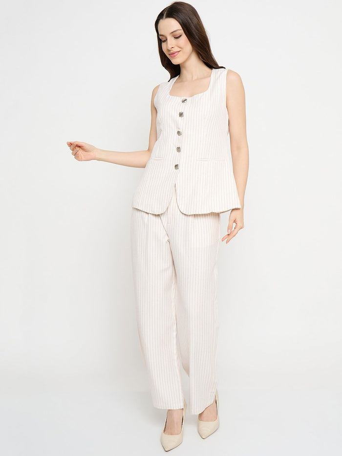 Madame Striped Top and Straight Bottoms Off White Co-ord Set