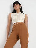 Madame Striped Wing Neck Beige Knitted Crop Top