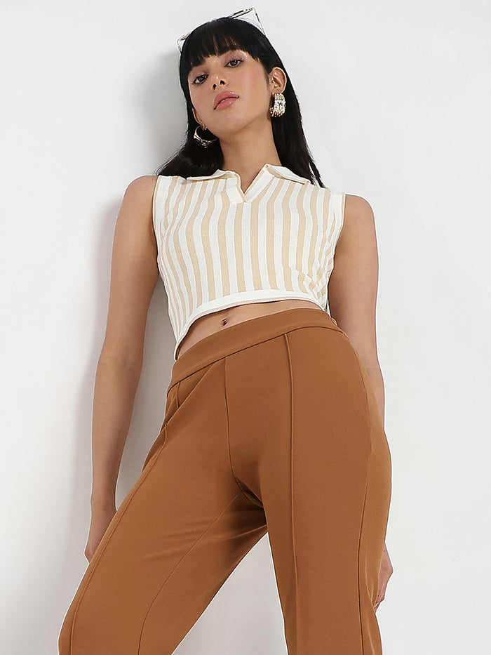 Madame Striped Wing Neck Beige Knitted Crop Top