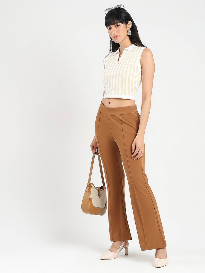 Madame Striped Wing Neck Beige Knitted Crop Top