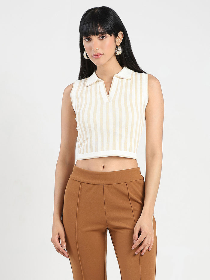 Madame Striped Wing Neck Beige Knitted Crop Top