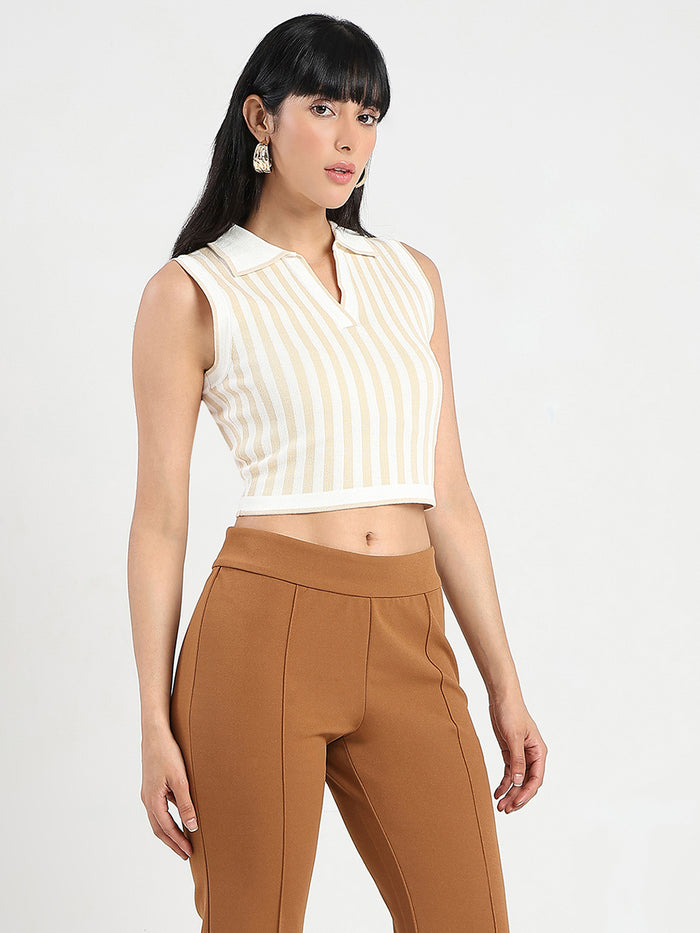 Madame Striped Wing Neck Beige Knitted Crop Top