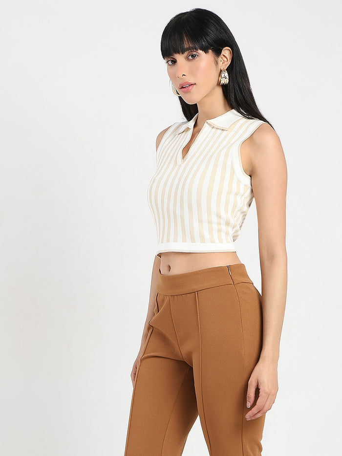 Madame Striped Wing Neck Beige Knitted Crop Top