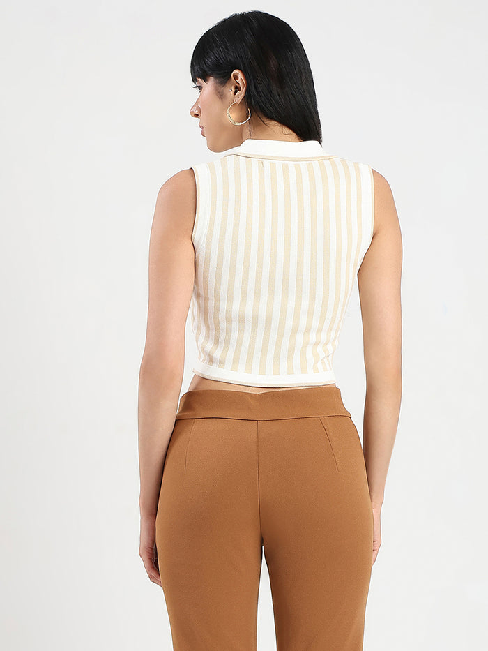 Madame Striped Wing Neck Beige Knitted Crop Top