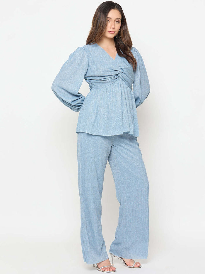 Madame Surplice Neck Blue Co-ord Set worn by a model, showcasing the flattering surplice neckline and elegant style.