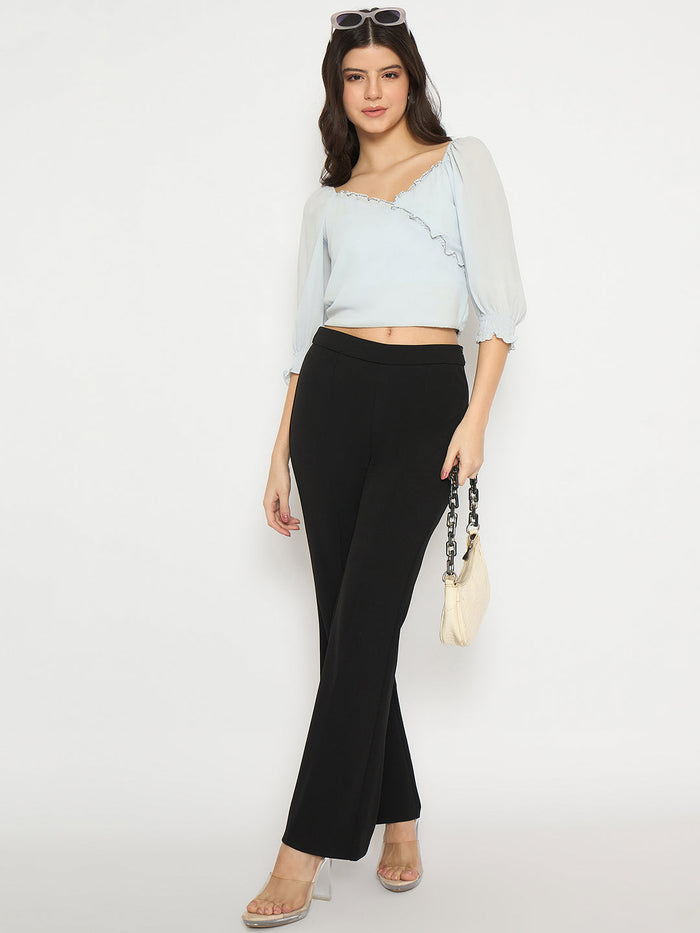 Madame Surplice Neck Blue Wrap Crop Top