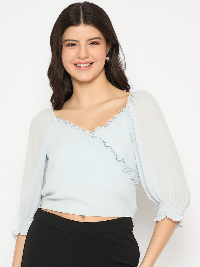 Madame Surplice Neck Blue Wrap Crop Top