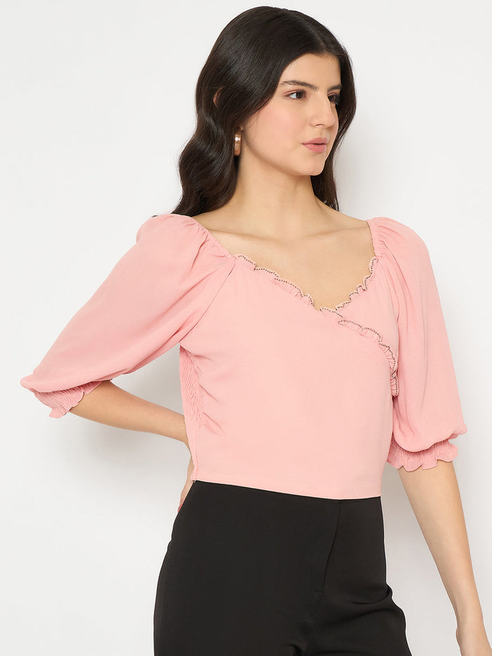 Madame Surplice Neck Peach Wrap Crop Top