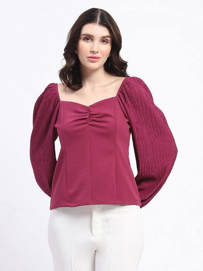 Madame Sweetheart Neck Elasticated Rush Detailed Solid Plum Knit moss Top