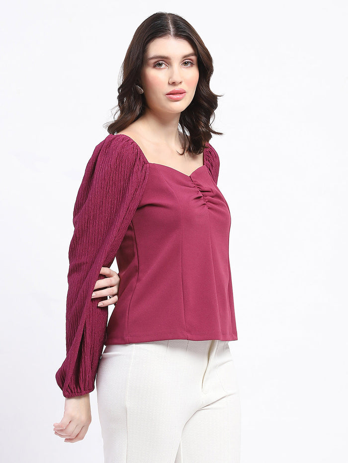 Madame Sweetheart Neck Elasticated Rush Detailed Solid Plum Knit moss Top