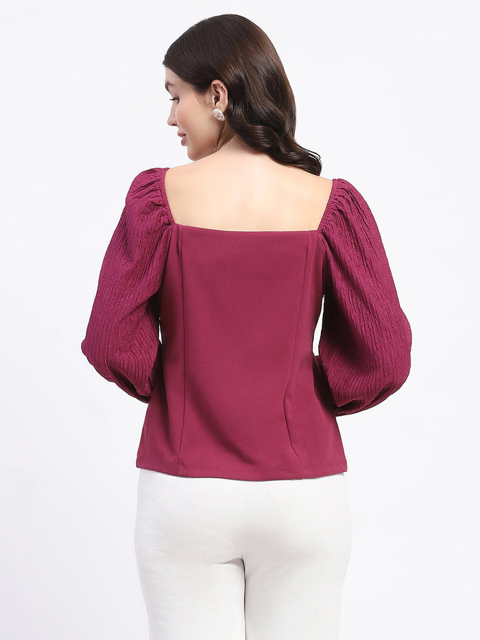Madame Sweetheart Neck Elasticated Rush Detailed Solid Plum Knit moss Top