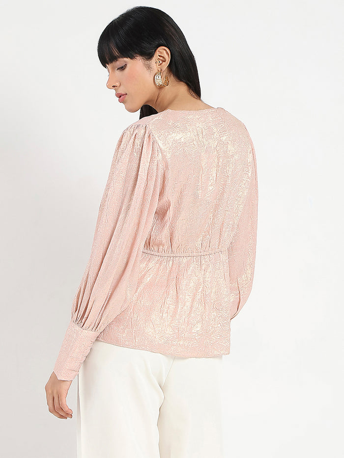 Madame Textured Pleat Detail Cinch Waist Peach Top