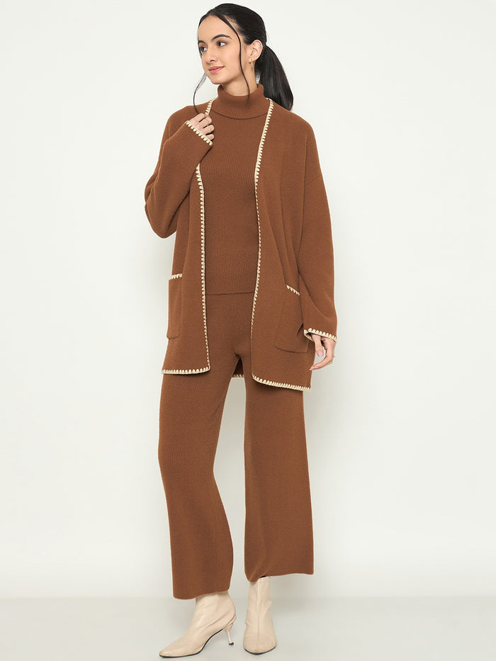 Madame Three Piece Solid Brown Knit Co-ord Set