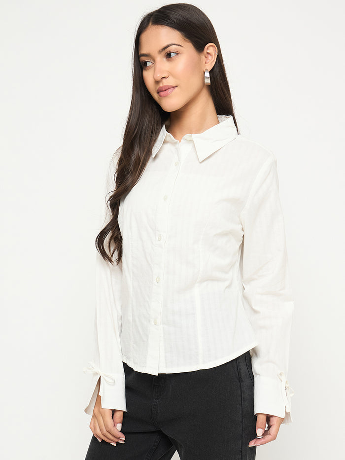 Madame Tie-Cuff Detail Striped White Cotton Shirt