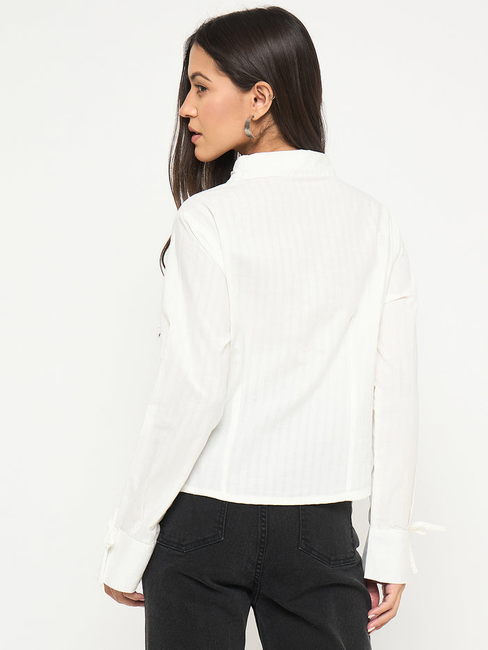 Madame Tie-Cuff Detail Striped White Cotton Shirt