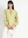Madame Tie Neck Green Rayon Blend Top